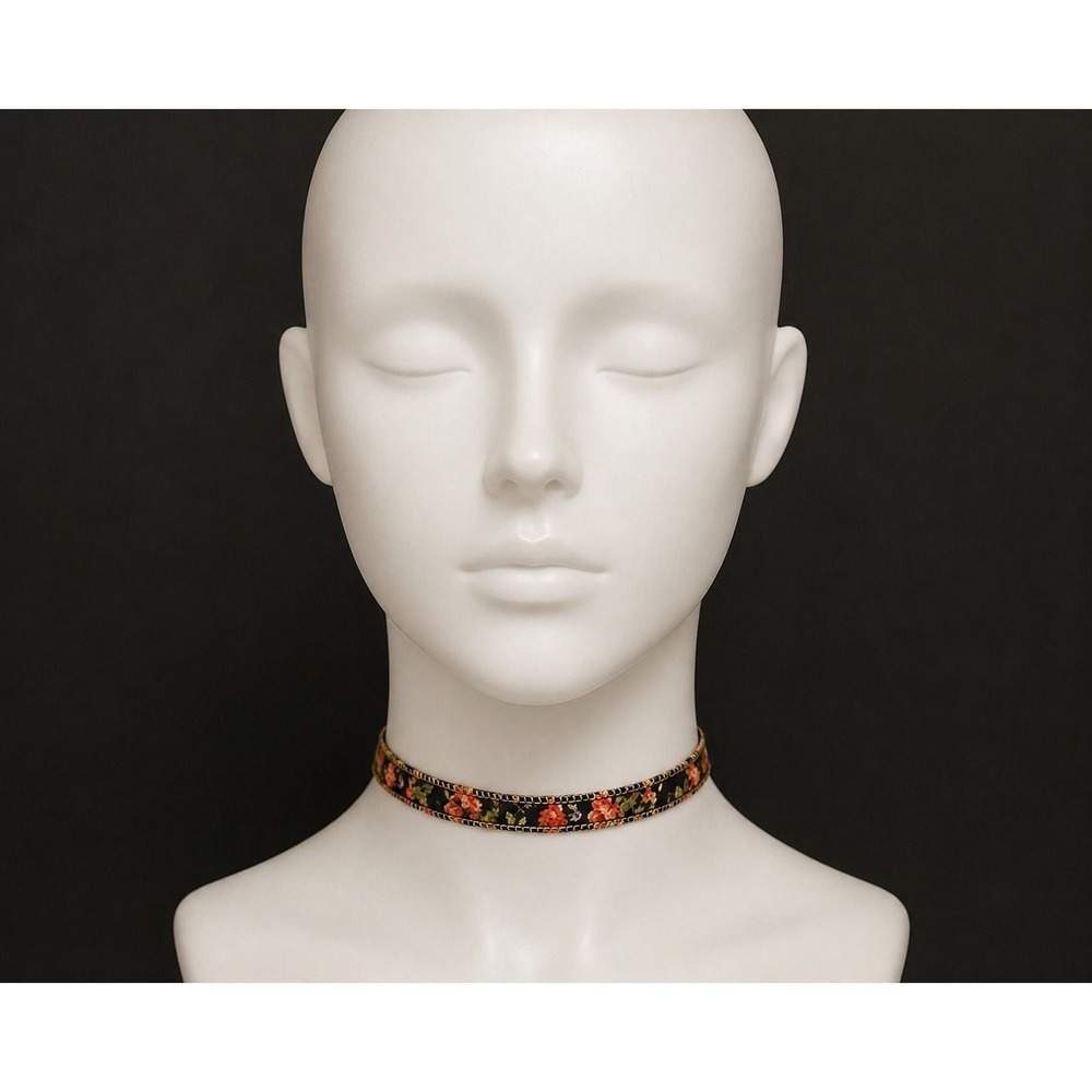 Black Floral Rose Ribbon Choker Necklace Gold Tone Extender Boho Cottagecore